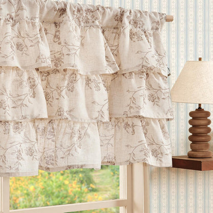 jinchan Alisa Ruffled Floral Valance Curtain 18 Inch 1 Panel Taupe on Linen | Linen blend, light filtering, rod pocket, shabby chic, farmhouse rustic, window treatment for kitchen bedroom living room