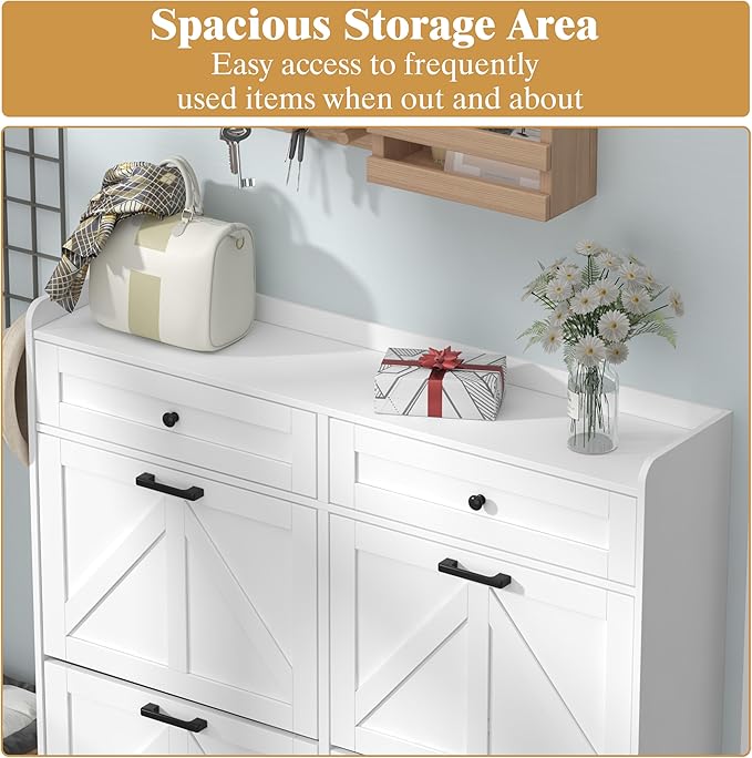 Shoe Cabinet with 4 Flip Drawers & 2 Storage Drawers, Rustic Farmhouse Narrow - Image 4