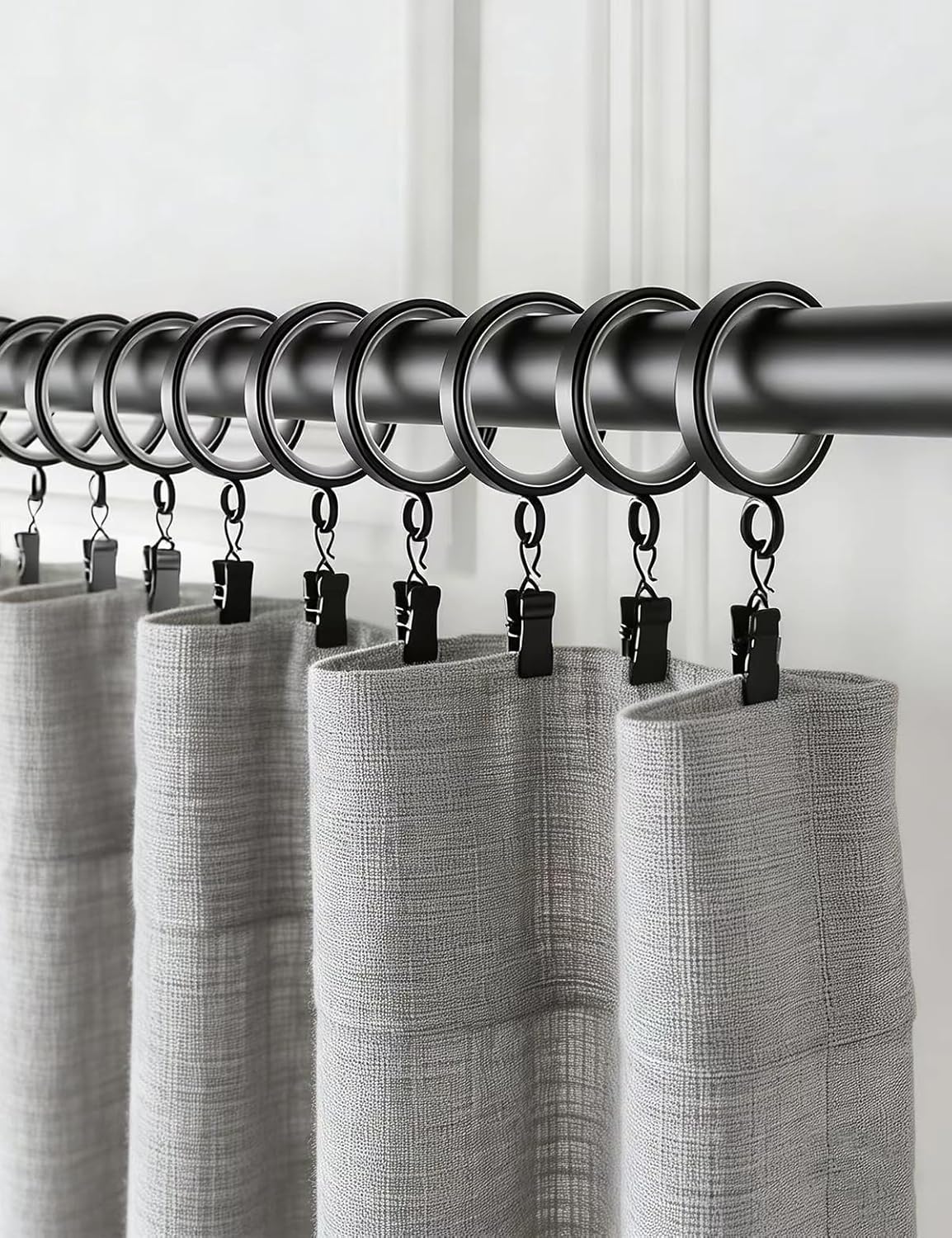 18 Pack Curtain Rings with Clips,1-5/8 Inch Black Curtain Rings | Quiet Nylon Inserts,Glide Smoothly,Fits 1" to 1-4" Curtain Rods,Curtain Clips for Bedroom