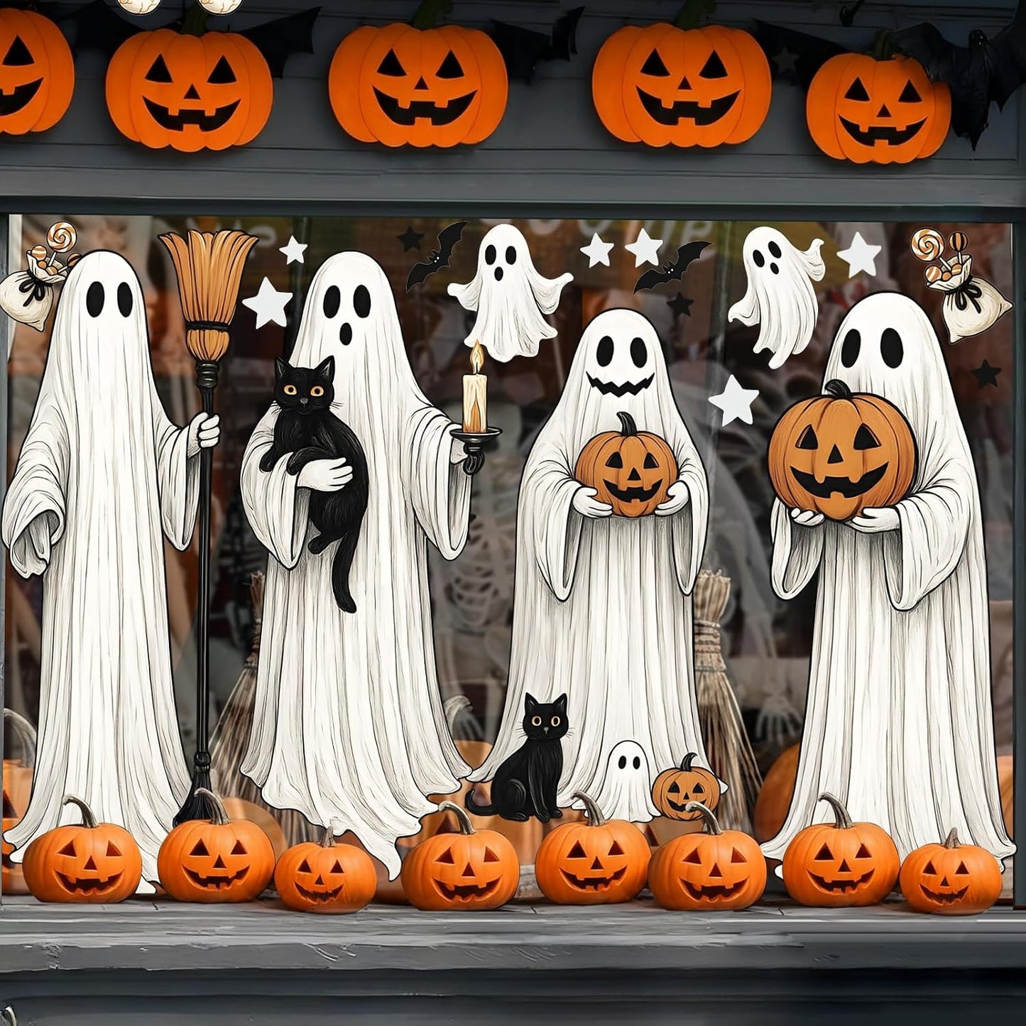 AhfuLife Large Halloween Ghost Window Clings Decorations, 12.6 x 35.4 inc, 4 Sheets Big Spooky Ghost Window Stickers Double Side Reusable Decals for Halloween Home Party Indoor Decorations
