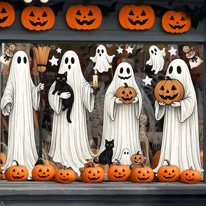 AhfuLife Large Halloween Ghost Window Clings Decorations, 12.6 x 35.4 inc, 4 Sheets Big Spooky Ghost Window Stickers Double Side Reusable Decals for Halloween Home Party Indoor Decorations