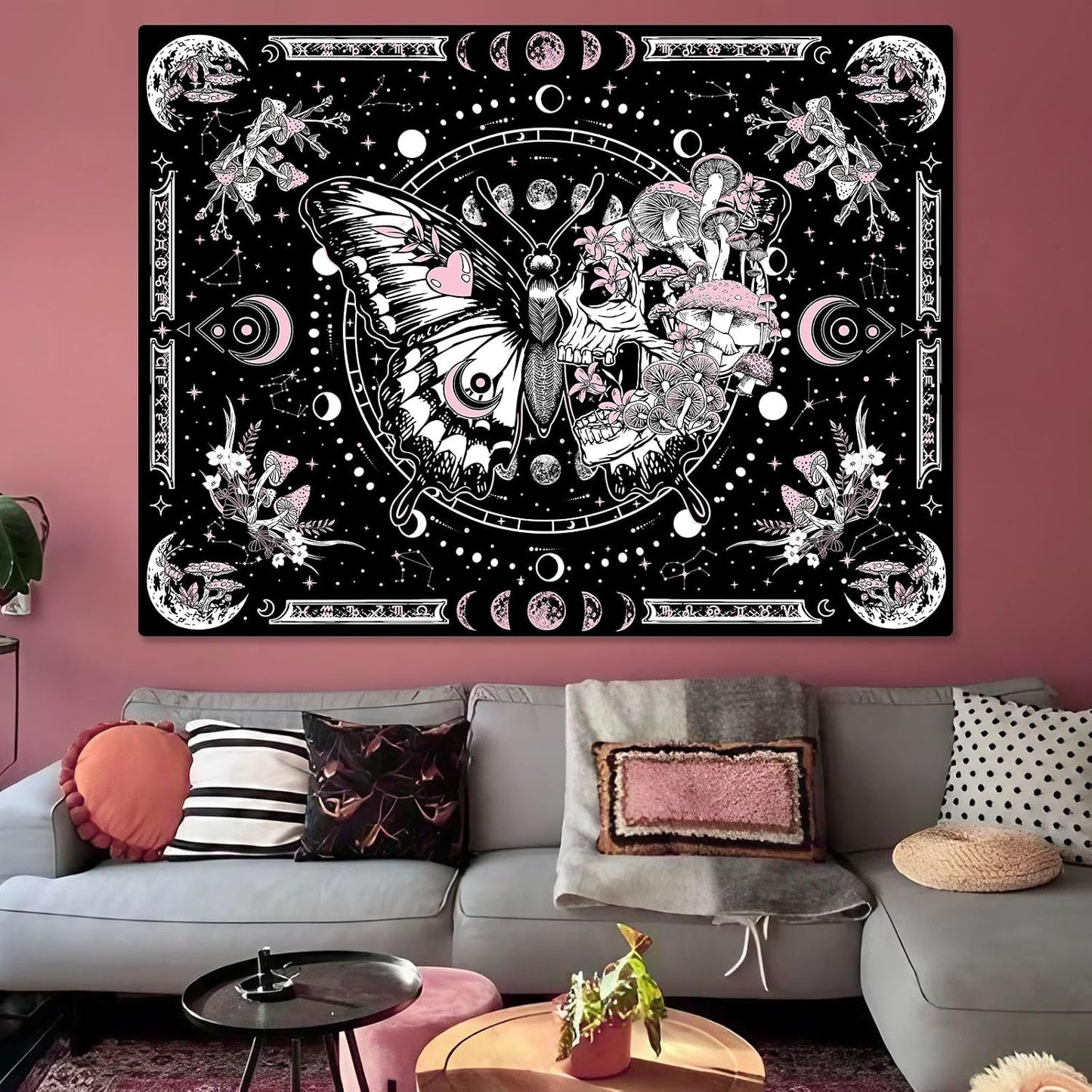 Fungarth Skeleton Butterfly Tapestry Pink Skull Hippie Mushroom Plants Tapestry for Bedroom Moon phase Aesthetic Tapestries Wall Hanging for Living Room Dorm (Pink, 48” x 36”)