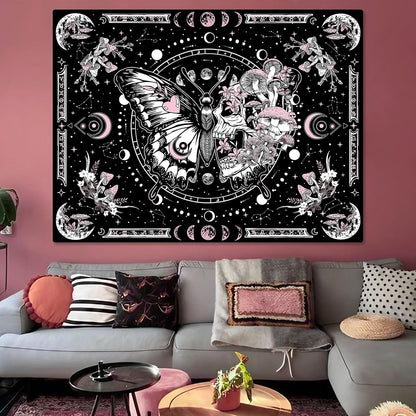 Fungarth Skeleton Butterfly Tapestry Pink Skull Hippie Mushroom Plants Tapestry for Bedroom Moon phase Aesthetic Tapestries Wall Hanging for Living Room Dorm (Pink, 48” x 36”)