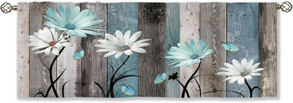 Teal Farmhouse Daisy Curtain Valance for Window Treatments Wooden Flower Rod Pocket Kitchen Treatment Rustic Floral Butterfly Country Drapes for Bathroom Bedroom Living Room (52x18 Inch)
