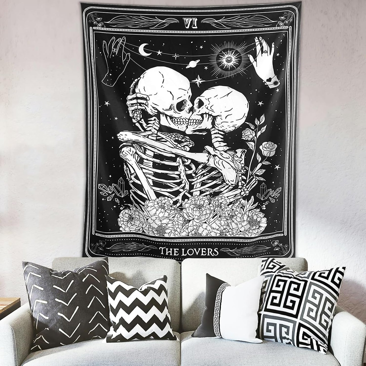 KJHL The Lovers Skull Wall Tapestry, Black and White Skeleton Wall Hanging | Gothic Room Decor,Dark Vertical Tarot Backdrop, Witchy Aesthetic Tapestries for Bedroom Living Room Dorm 60" x 44"