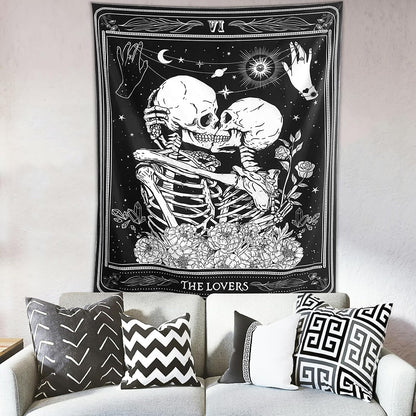 KJHL The Lovers Skull Wall Tapestry, Black and White Skeleton Wall Hanging | Gothic Room Decor,Dark Vertical Tarot Backdrop, Witchy Aesthetic Tapestries for Bedroom Living Room Dorm 60" x 44"