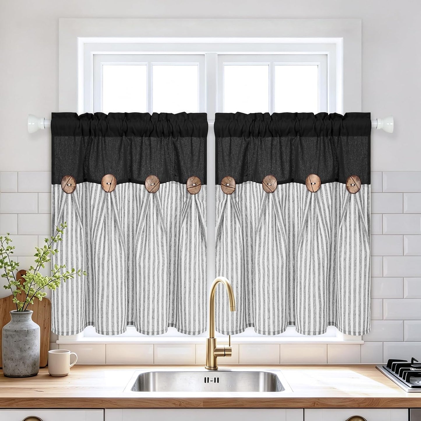 BLEUM CADE Farmhouse Kitchen Curtains 24 Inch, Cotton Linen Cafe Curtains with Rustic Buttons, Boho Small Window Curtains for Bathroom, Black with Grey Stripe Half Window Drapes Over Sink, 2 Panels