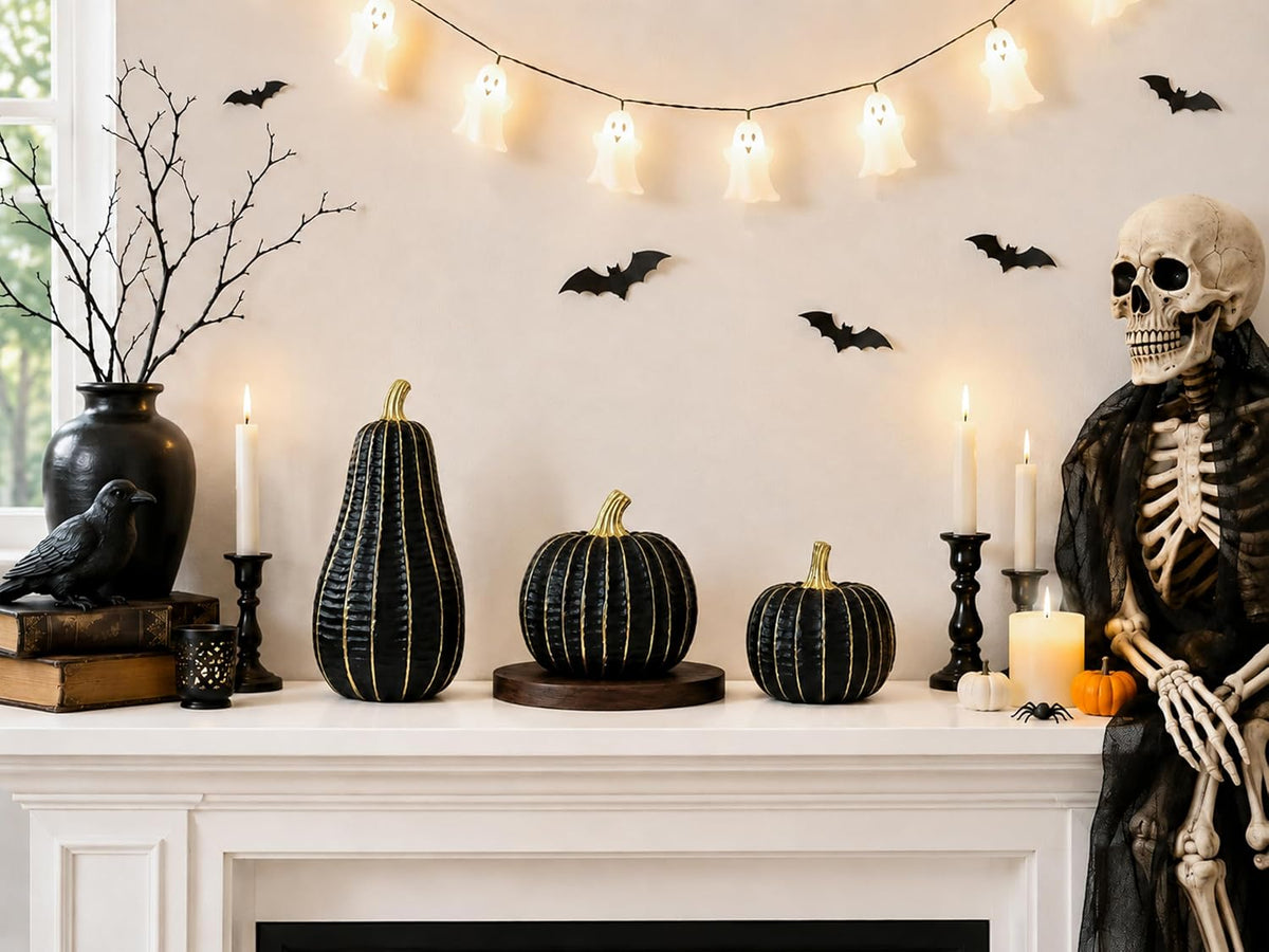 Parsin 3 Pcs Black & Gold Resin Pumpkin Decorations for Fall and Halloween