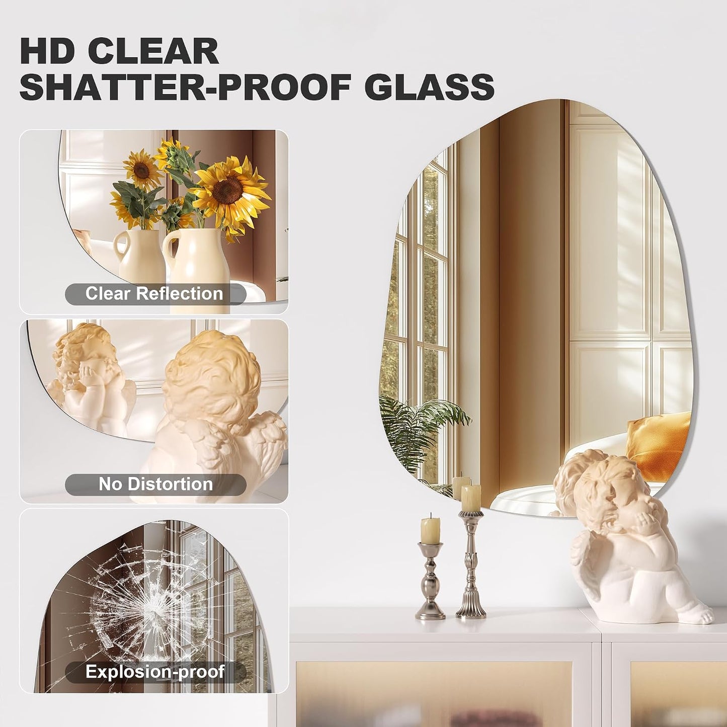 Hasipu 32"x24" Irregular Wall Mirror Frameless Asymmetrical Mirror for Wall | Frameless Wall Mirror, 4mm Tempered Glass, Horizontal & Vertical, Wall Mount, Bathroom, Bedroom, Modern Home Decor