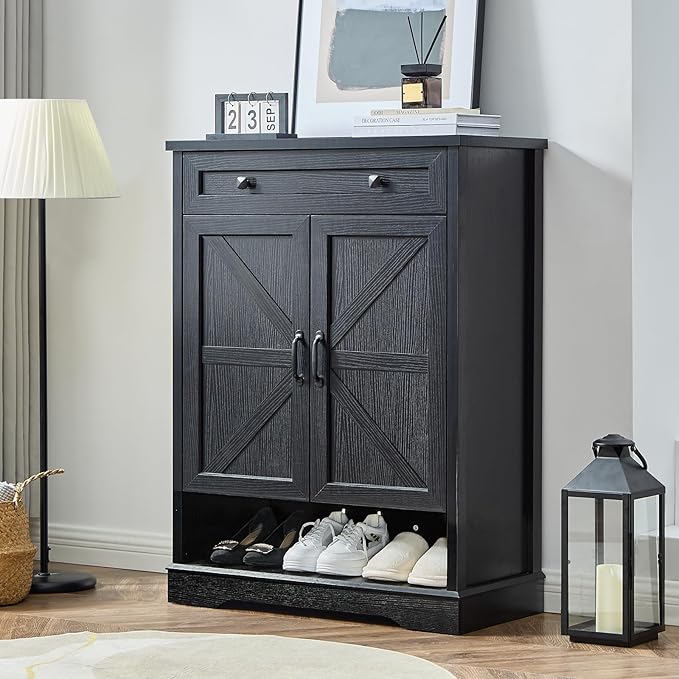 SOOWERY Shoe Cabinet with Drawer, Farmhouse Shoe Storage Cabinet with Doors by SOOWERY