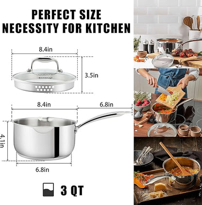 Rorence 3-Quart Saucepan with Lid: Pour and Strain Stainless Steel Sauce Pan - Image 5