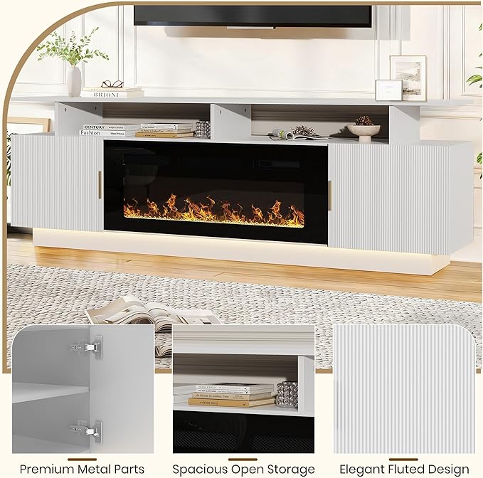 70” Fluted TV Stand with 36” Electric Fireplace, 2 Tier TV Console Cabinet with - Image 7