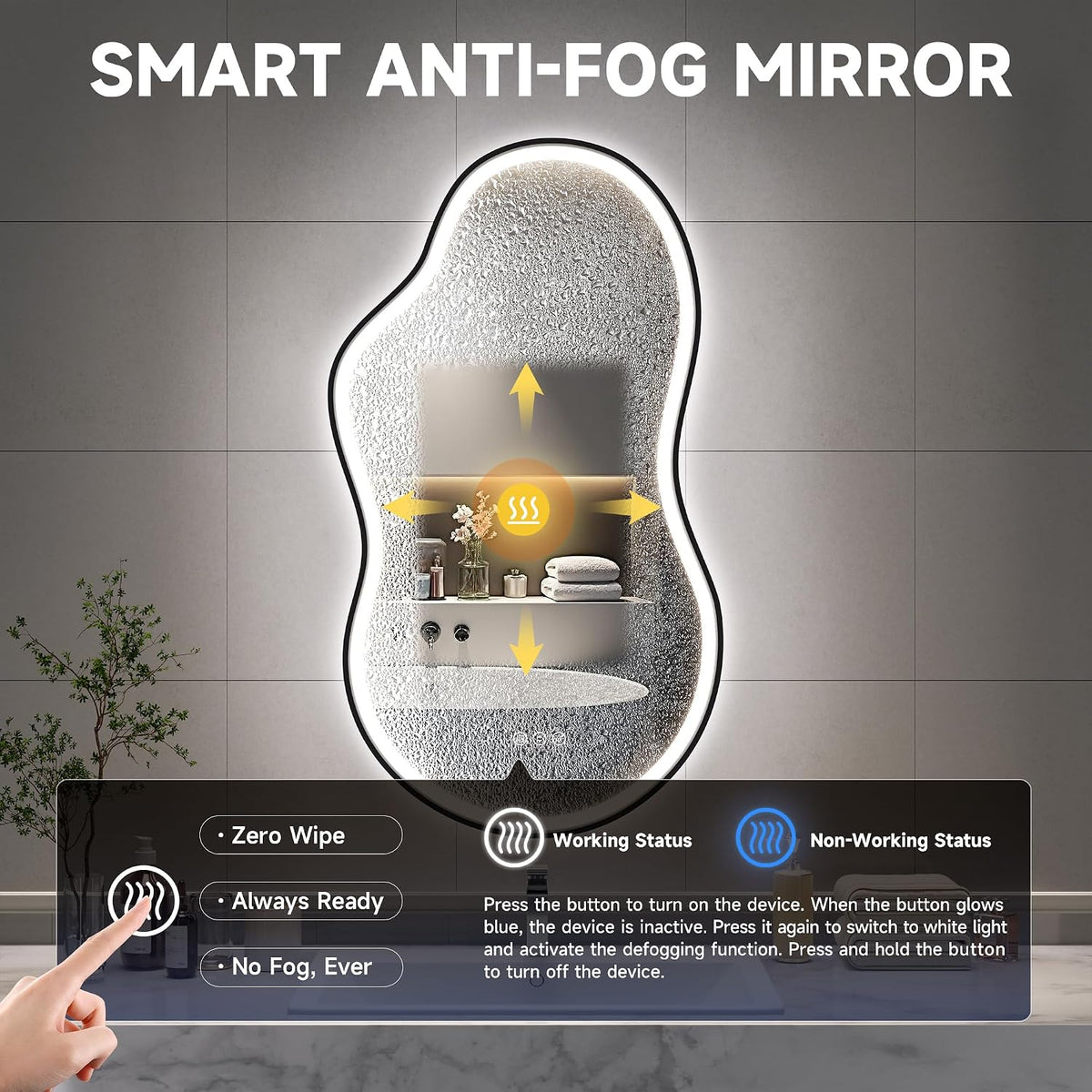 Hasipu Irregular Bathroom Mirror with Lights - 25"x45" LED Asymmetrical Wall Mirror, Abstract Modern Lighted Vanity Mirror for Wall, Anit-Fog, Dimmable, Memory, Vertical/Horizontal (Black | Asymmetrical Metal Framed, Anti-Fog, LED 3 Color Dimmable