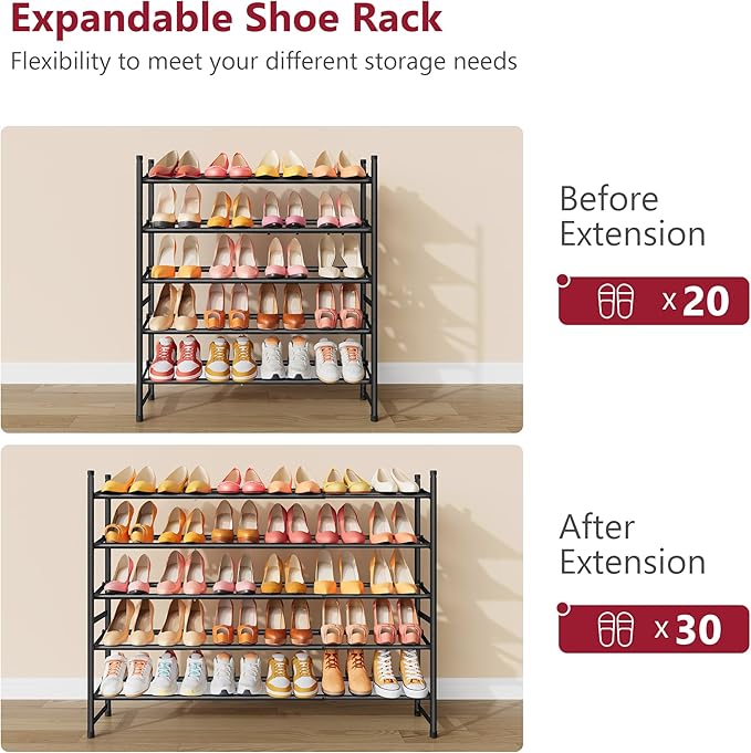 Tajsoon Expandable Shoe Rack for Closet 5 Tier, 29“-41“Adjustable & Stackable - Image 5