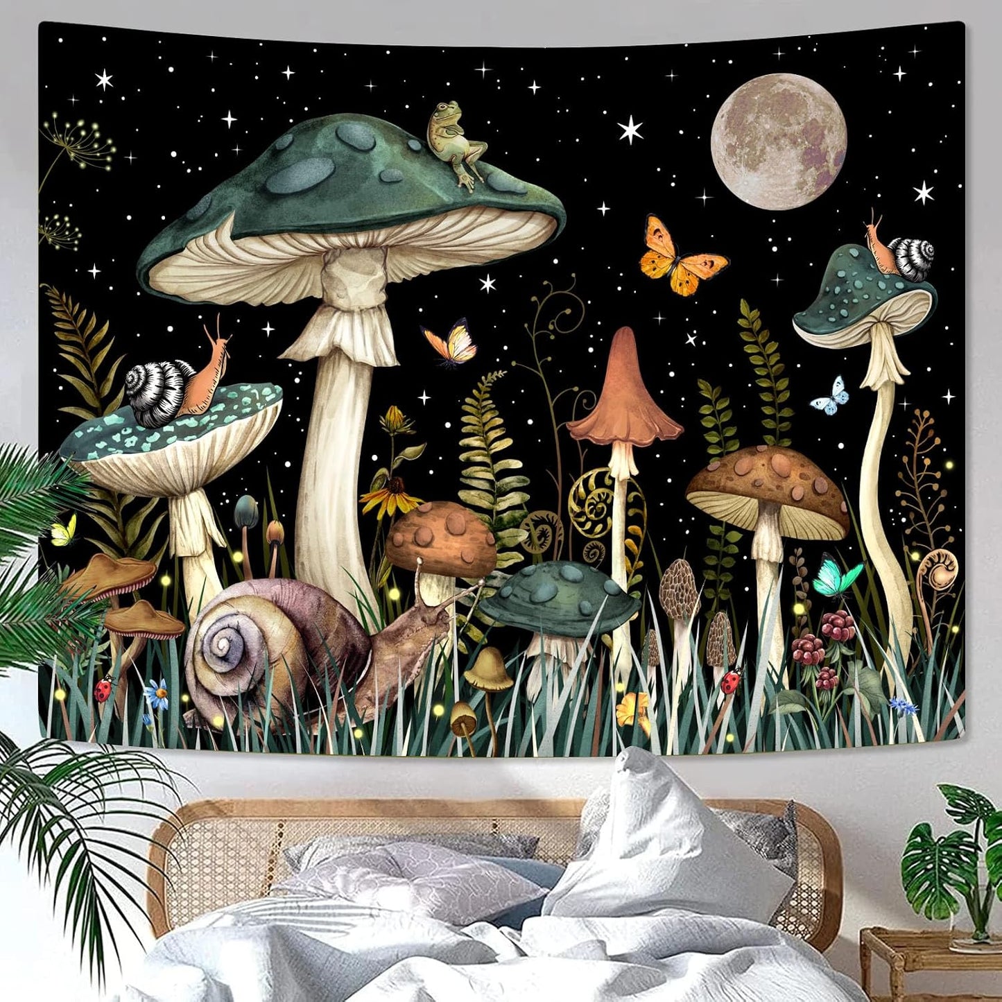 Zussun Green Mushroom Tapestry Moon Star Tapestries for Bedroom Aesthetic Starry Night Plant Tapastrys Wall Hanging Butterfly Snail Frog Wall Tapestry for Living Room Dorm (Dark, 48" x 36")