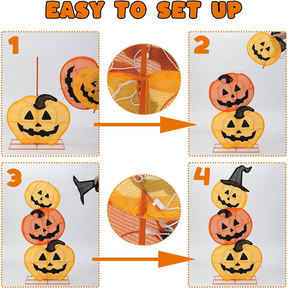 Halloween Lighted 3 Stacked Pumpkins, 39’’ H Pre-Lit Lighted Pumpkins with 50...