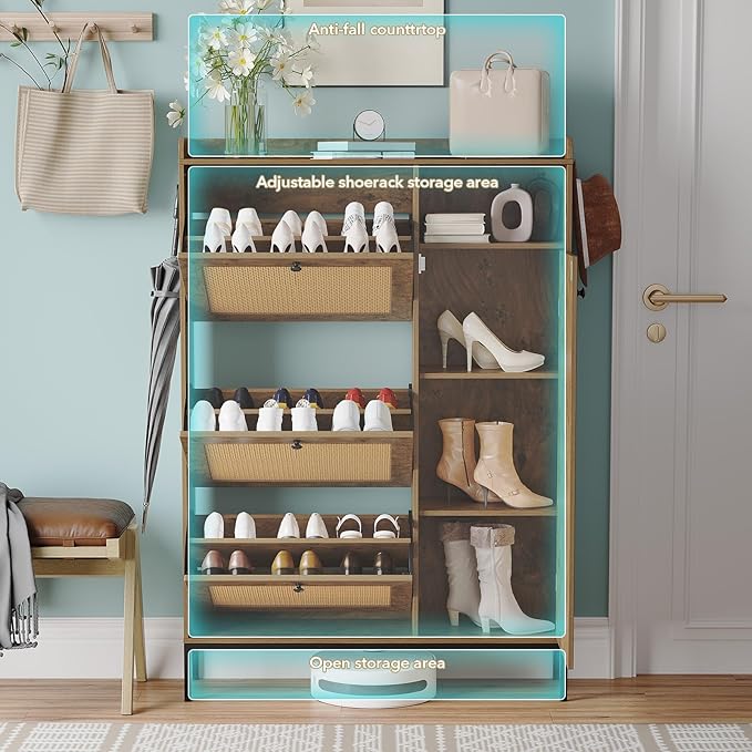 Rattan Wooden Shoe Cabinet, Freestanding 3-Flip Drawer Shoe Storage Organizer - Image 5