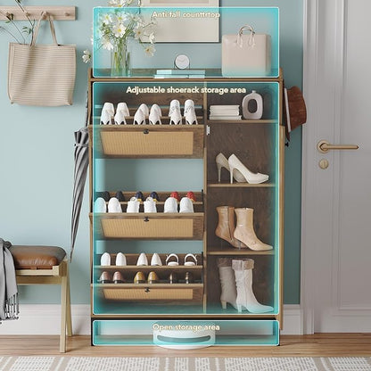 Rattan Wooden Shoe Cabinet, Freestanding 3-Flip Drawer Shoe Storage Organizer - Image 5