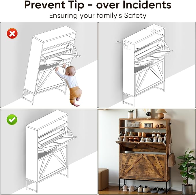 Shoe Storage Cabinet with 2 Flip-Up Doors, Freestanding Hidden Shoe Storage - Image 9