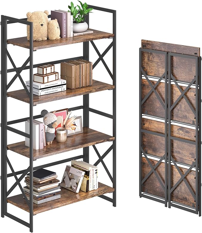 4NM 4 Tiers No Assembly Book Shelves, 41.3" H Folding Bookshelf Bookcase Open by 4NM