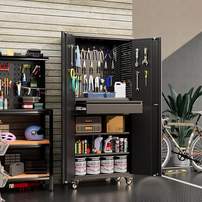 Garage Storage Cabinet with Wheels and Doors, Lockable Metal Storage Cabinet - Image 8