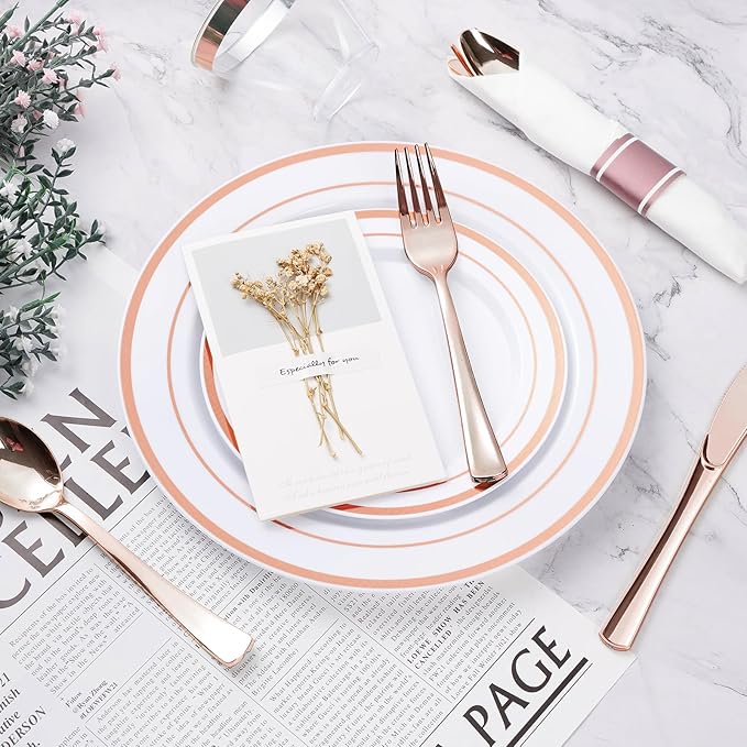 BESTVIP 350PCS Rose Gold Plastic Dinnerware Set, Disposable Party Plates for ...