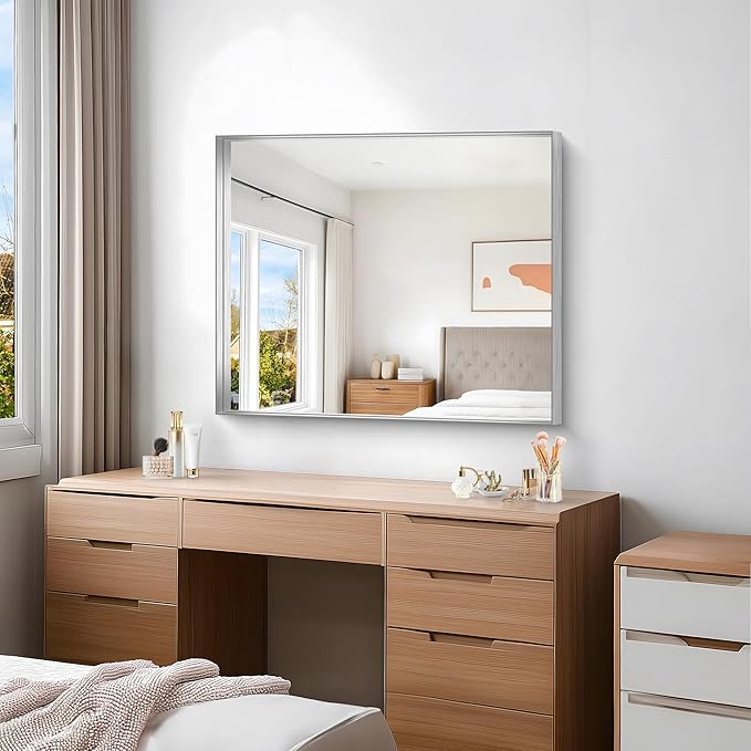 Silver Bathroom Mirror, 30x36 Inch Rectangular Framed Mirror, Large Wall - Image 6