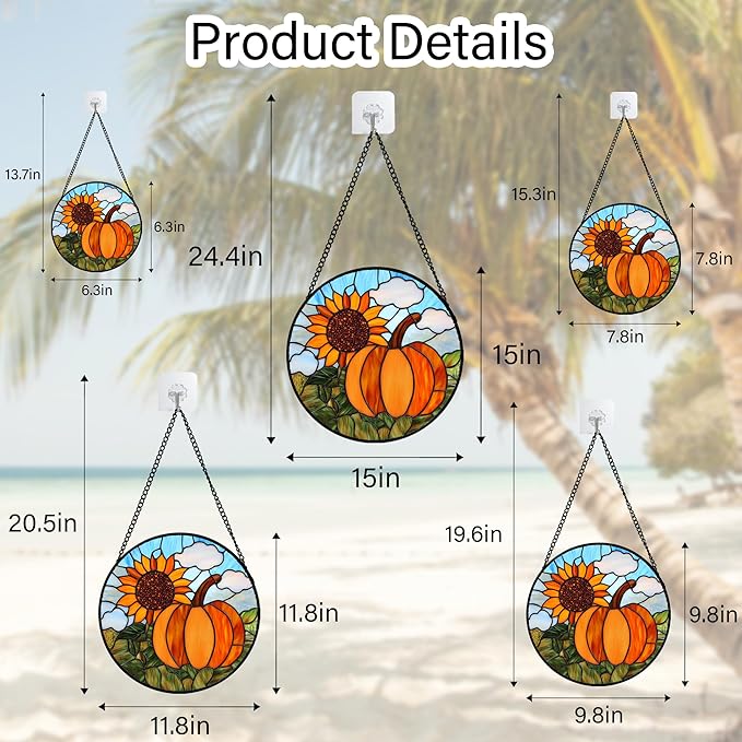 DASTOLL Stained Glass Window Hanging Fall Farm Scenery Sunflower Pumpkin 9.8" - Image 6