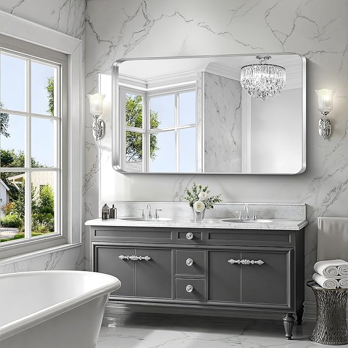 CIRCUMI Silver Bathroom Mirror, Rounded Corner, Tempered Glass, Large Mirror - Image 2