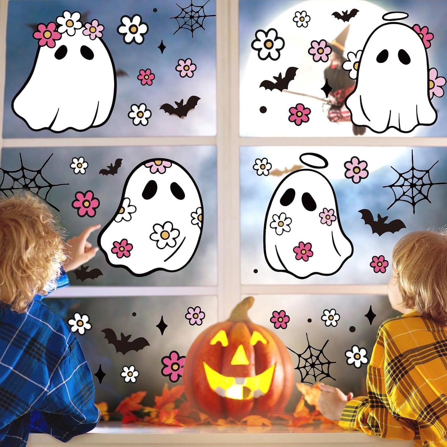 JarThenaAMCS 84Pcs Halloween Window Clings Floral Ghost Window Stickers Cute Double-Side Glass Decals for Home Party Favor Supplies, 7.9 x 11.8 Inch, 9 Sheets