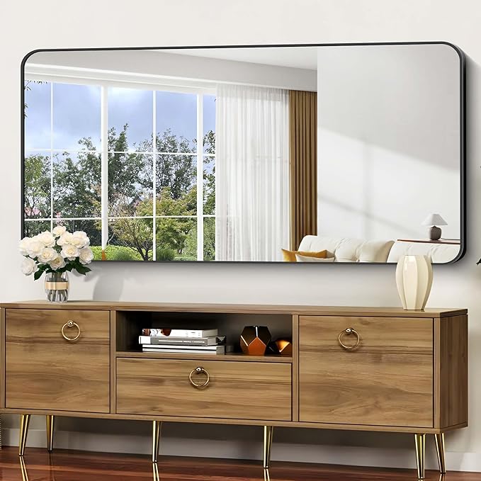 Bathroom Mirror, 60 x 30 inch Black Rectangle Wall Mirror, Metal Frame Rounded - Image 6