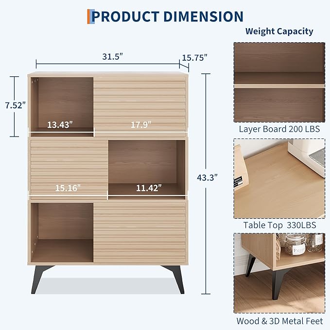 IDEALHOUSE Fluted Cabinet with Sliding Doors, Modern Wooden Storage Cabinet - Image 2