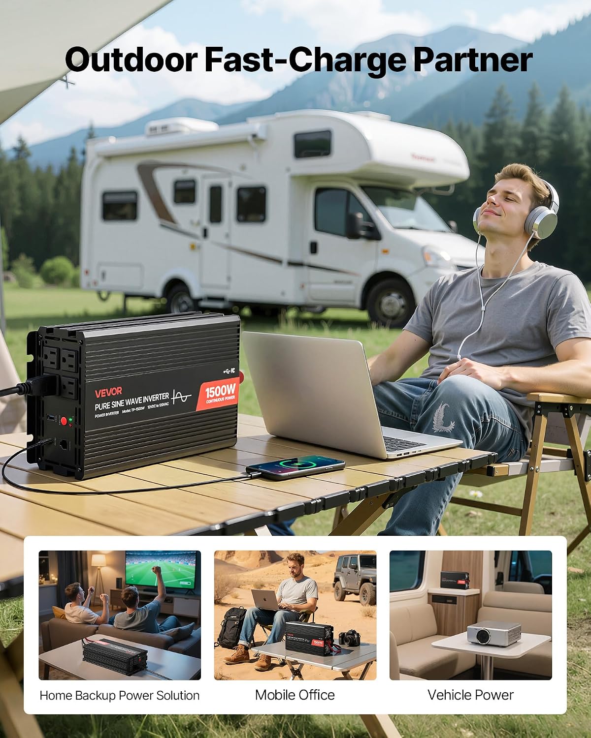 VEVOR 1500W Power Inverter, 12V DC to 120V AC Pure Sine Wave Inverter, Car Ch...