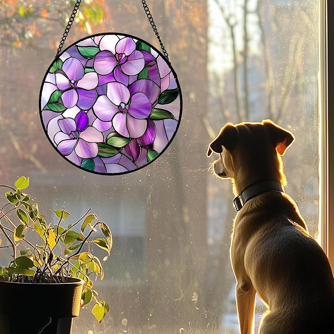 DASTOLL Stained Glass Window Hanging 4 Pcs Set Purple Flower Theme 9.8" - Image 4