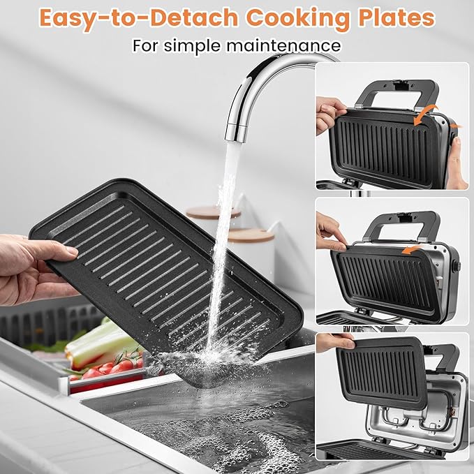 BECOMFORT 3 in 1 Waffle Maker, Sandwich Press w/3 Removable Non-stick Plates - Image 4