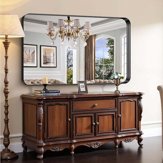 CIRCUMI Black Bathroom Mirror, Rounded Corner, Tempered Glass, Large Mirror - Image 4