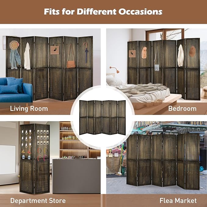 ECOMEX 6 Panel Room Divider, 5.6Ft Pegboard Display Wooden Room Divider Folding - Image 7