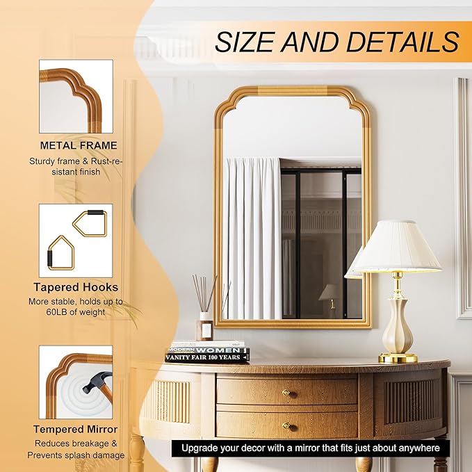 Wood Frame Wall Mirror for Bathroom, Rounded Corner Arch Rectangle Mirror for - Image 6