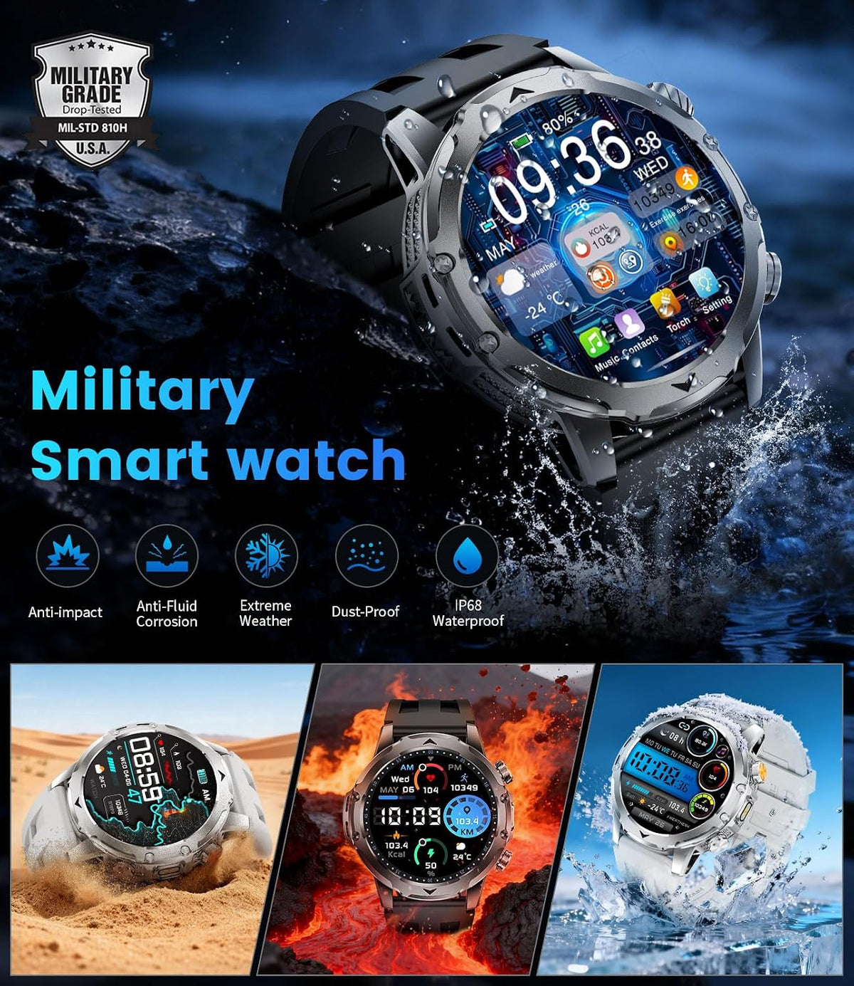 1.53"military smart watch for men, 1000mah, for android/ios shown in use