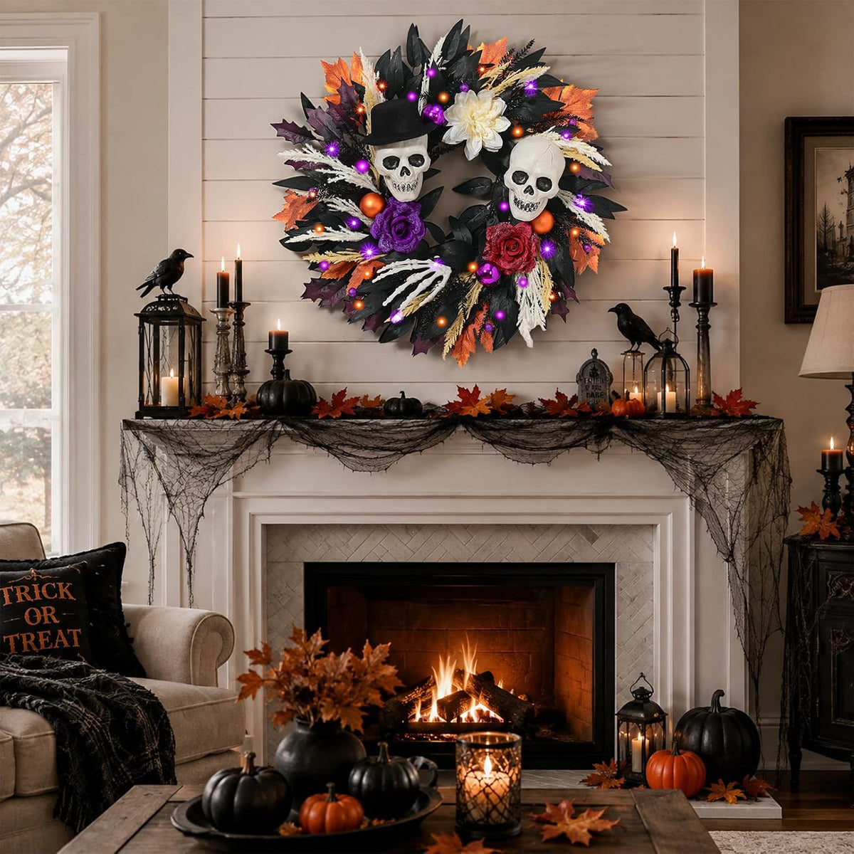 Waipfaru 2Pcs 24 Inch Halloween Wreath for Front Door Halloween Door Wreath