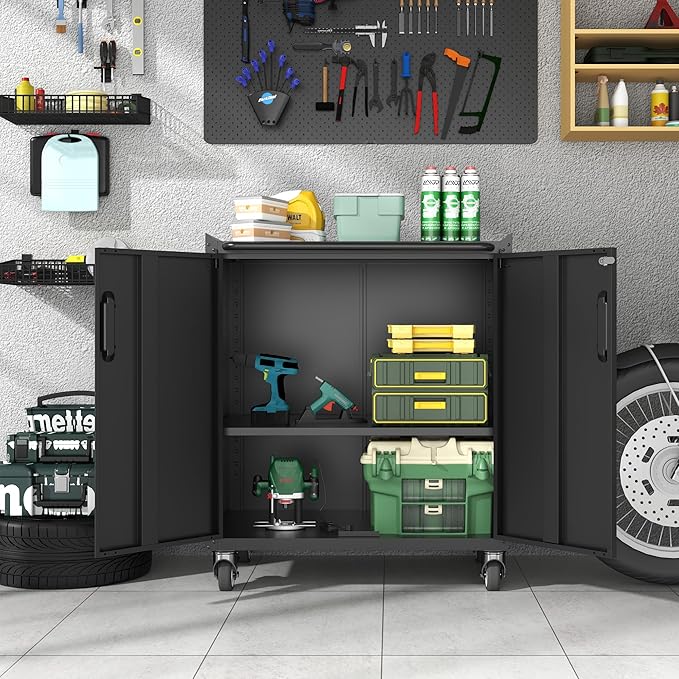 Metal Storage Cabinet with Wheels, Lockable Garage Storage Cabinet with Doors - Image 2