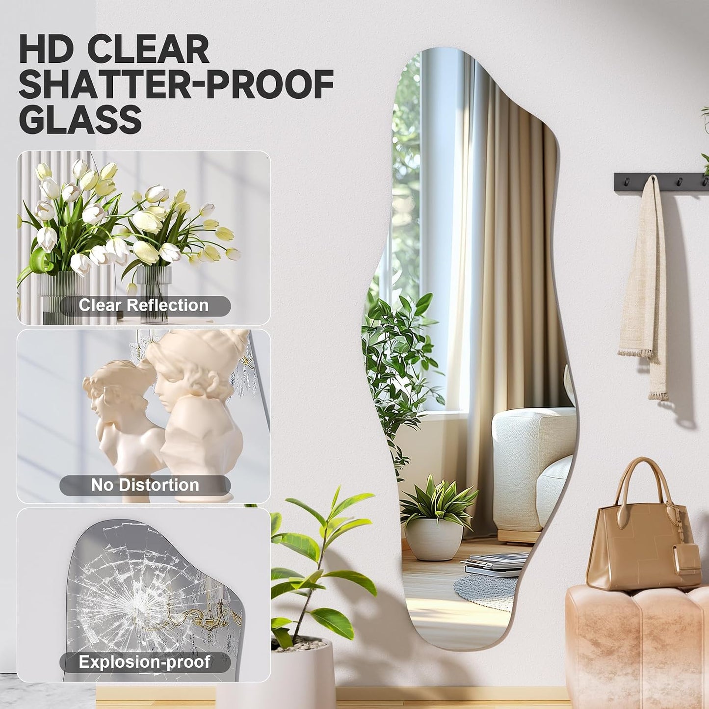 Hasipu 55"x20" Irregular Wall Mirror Frameless Asymmetrical Mirror for Wall | Frameless Large Wall Mirror, 4mm Tempered Glass, Horizontal & Vertical, Wall Mount, Modern Home Decor, Entryway, Hallway