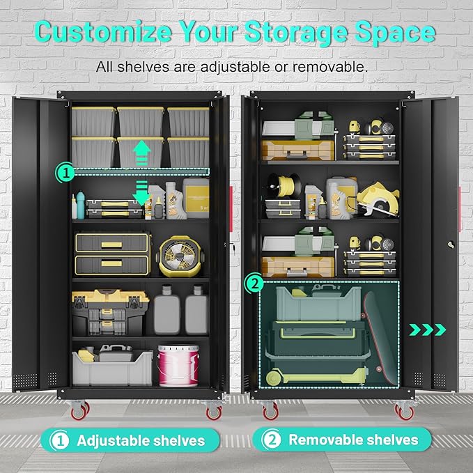 Metal Garage Cabinets with Wheels| 71" Steel Lockable Garage Storage Cabinet - Image 3