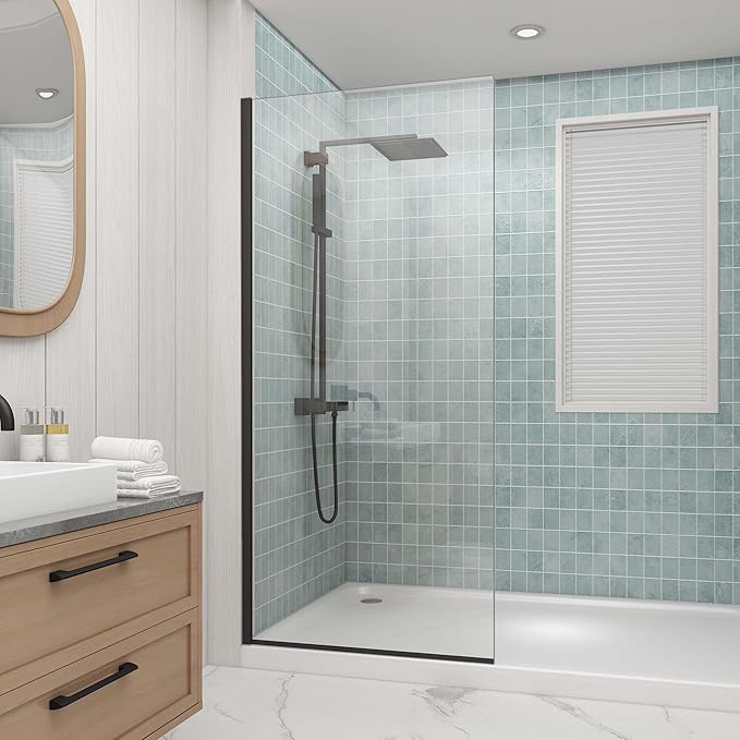 Sunrosa 32"×76" Shower Glass Panel, 8mm Thick Shower Screen, Matte Black by ElevateYourEverydayShower