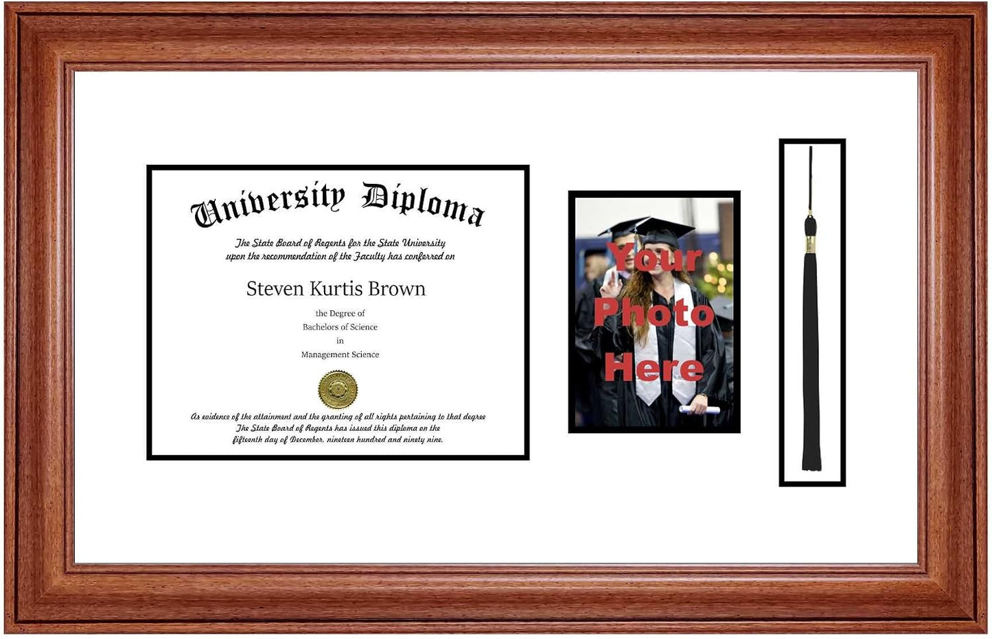 Single Diploma Frame with 5x7 Photo, Tassel and Double Matting for 17" x 11" Tall Diploma with Walnut 2" Frame