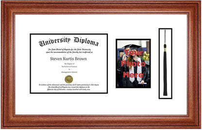 Single Diploma Frame with 5x7 Photo, Tassel and Double Matting for 17" x 11" Tall Diploma with Walnut 2" Frame