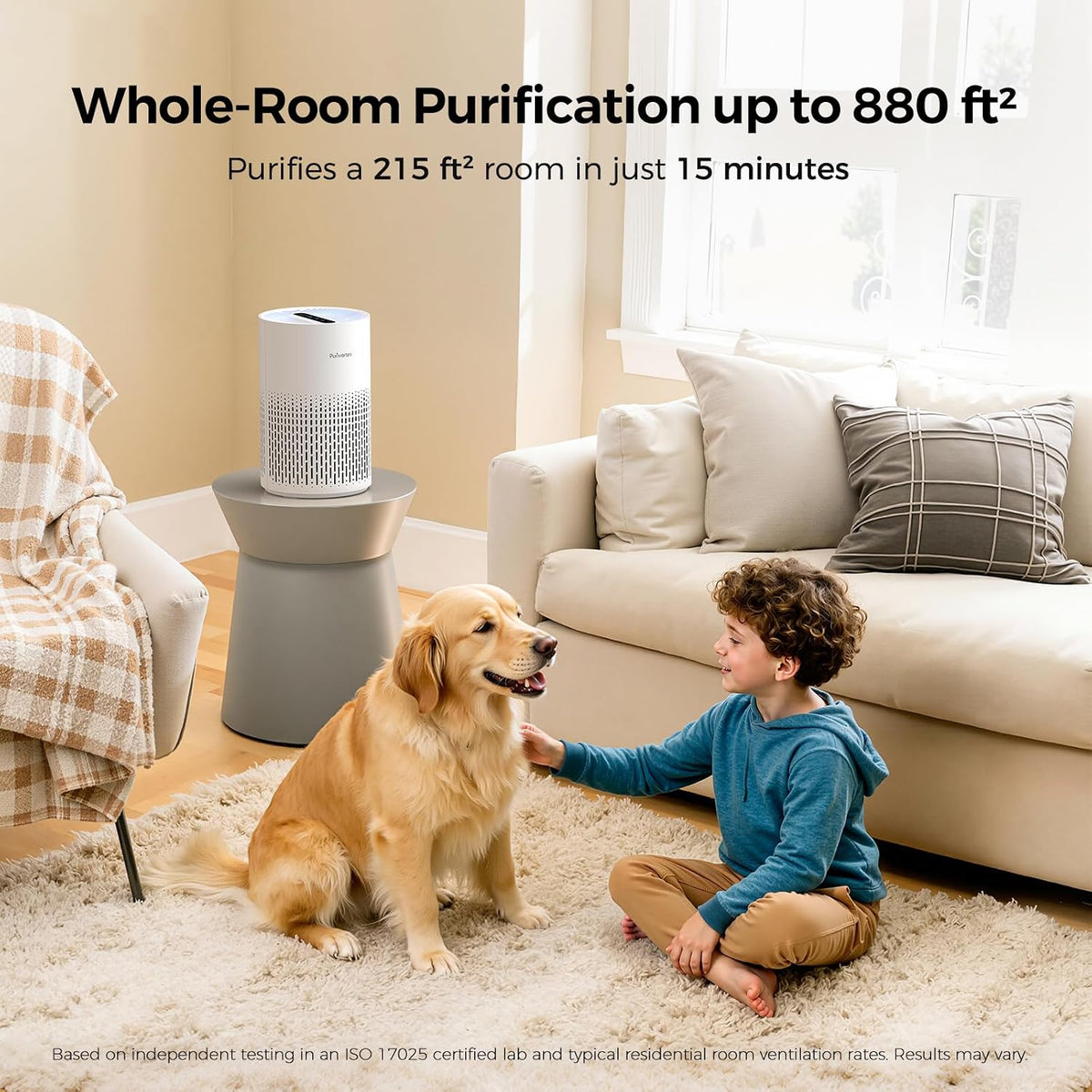 purivortex air purifiers for home, covers up to shown in use