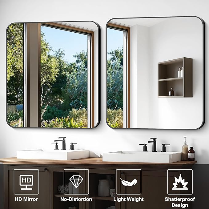 Bathroom Mirror, 40 x 36 inch Black Rectangle Wall Mirror, Metal Frame - Image 4