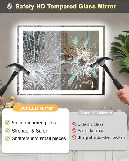 24x32 LED Bathroom Mirror, 6000LM, Separate Front and Back Lights | UL Certified,Shatter-Resistant Tempered Glass,Auto-Off Defogger,3 Color Modes,Smooth Dimming,Smart Memory Setting