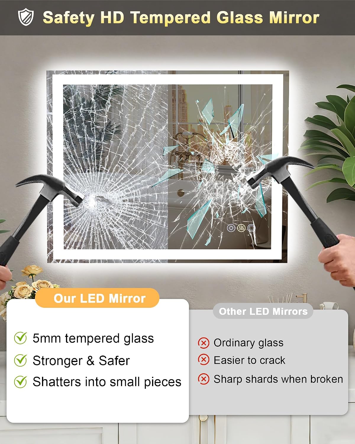 24x30 LED Bathroom Mirror, 6000LM, Separate Front and Back Lights | UL Certified,Shatter-Resistant Tempered Glass,Auto-Off Defogger,3 Color Modes,Smooth Dimming,Smart Memory Setting